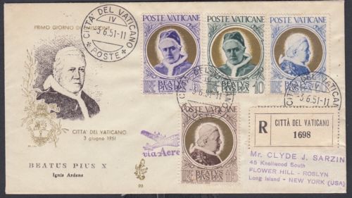 VATICAN CITY 1951 POPE PIUS X REGISTERED FIRST DAY COVER TO FLOWER HILL NEW YORK