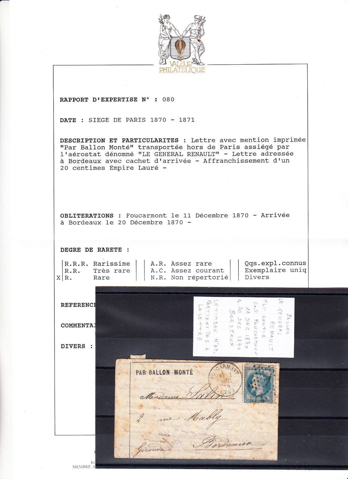FRANCE  BALLON MONTE LE GENERAL RENAULT 11121870 pli confie certificat