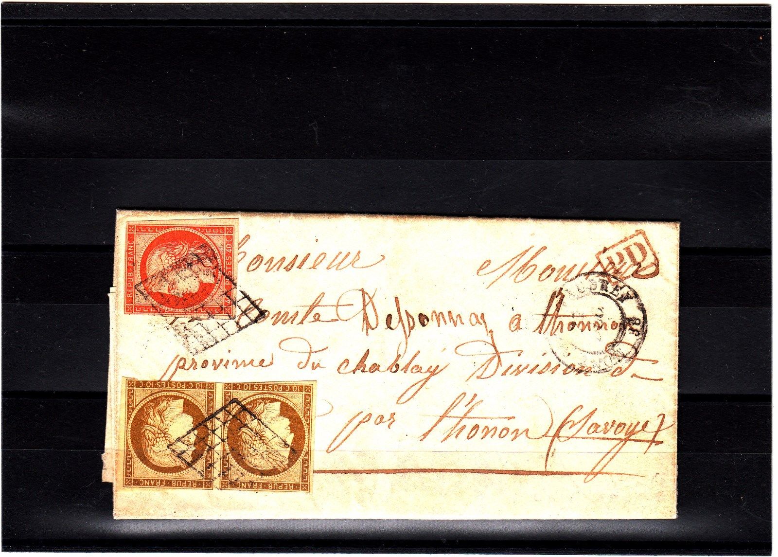FRANCE lettre de 1850 avec n 1 X 2  5 1851 Obl grille  cote DALLAY 2350