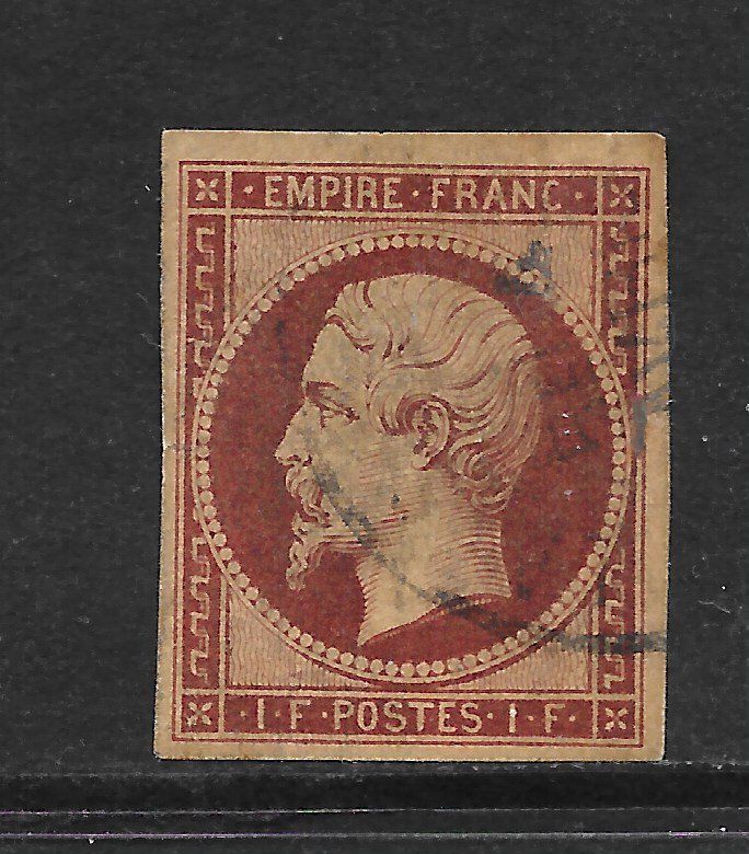 FRANCE 1854 1fr deep carmine Napoleon 4 margin imperf no faults cv 5500  SG73