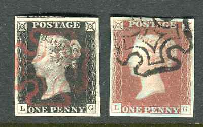 GB SG 2 SG 7 penny black red plate 1b DG matched pair used MX pl 1b 4 margins