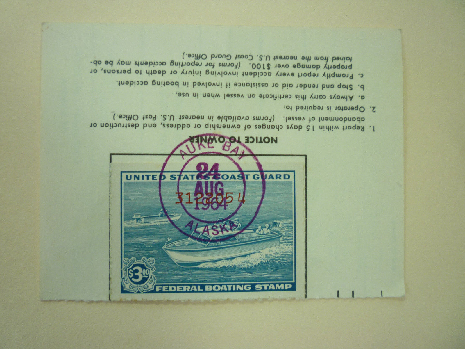 1960 US Coast Guard  3 Boating Stamp on Alaska License  RVB2   Scott  CV  50