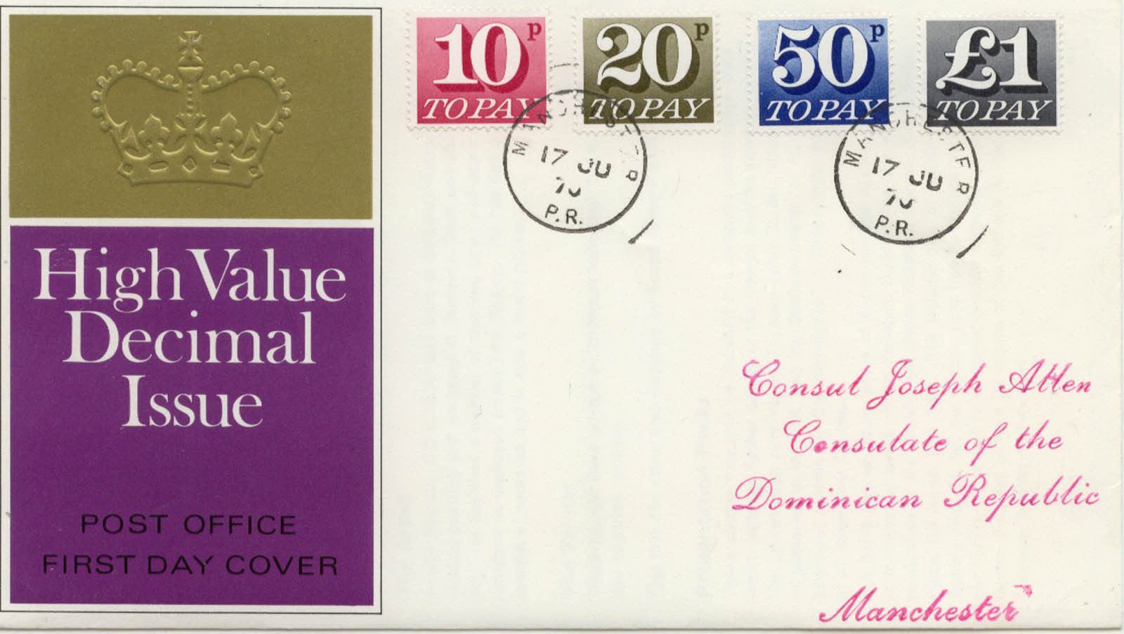 GB Postage Dues  To Pay 1970 FDC  Manchester P R CDS printed address