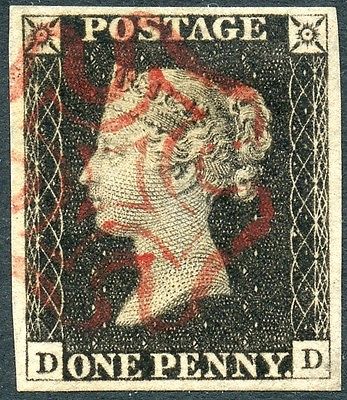 GB 1840 SUPERB 1d black Plate 3 lettered DD  red Maltese Cross Cat 500