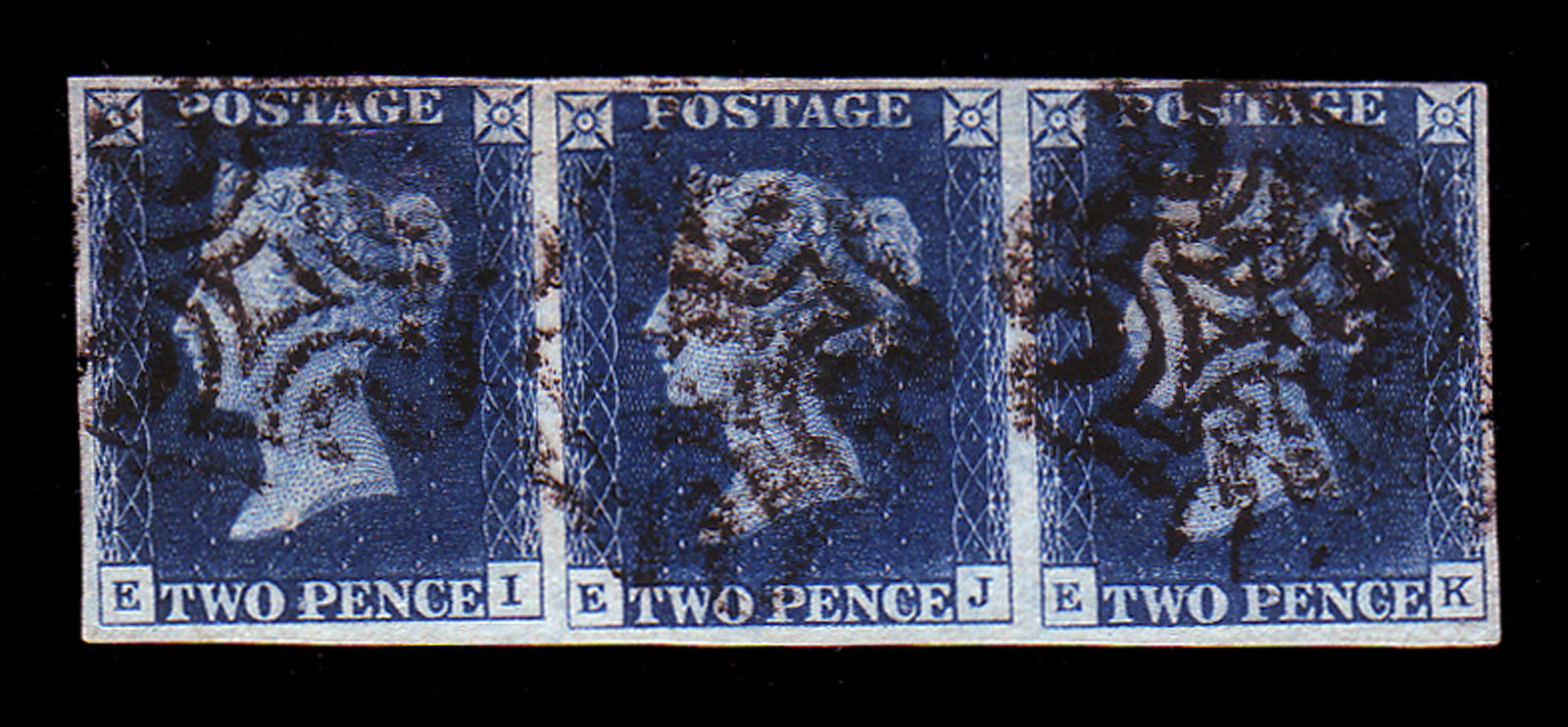 GB QV 1840 SG 4 2d FULL DEEP BLUE PLATE 2 STRIP OF 3 FULL MARGINS SCARCE