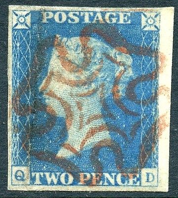 GB 1840 VERY FINE 2d blue Plate 1  lettered QD  black Maltese Cross Cat 1000