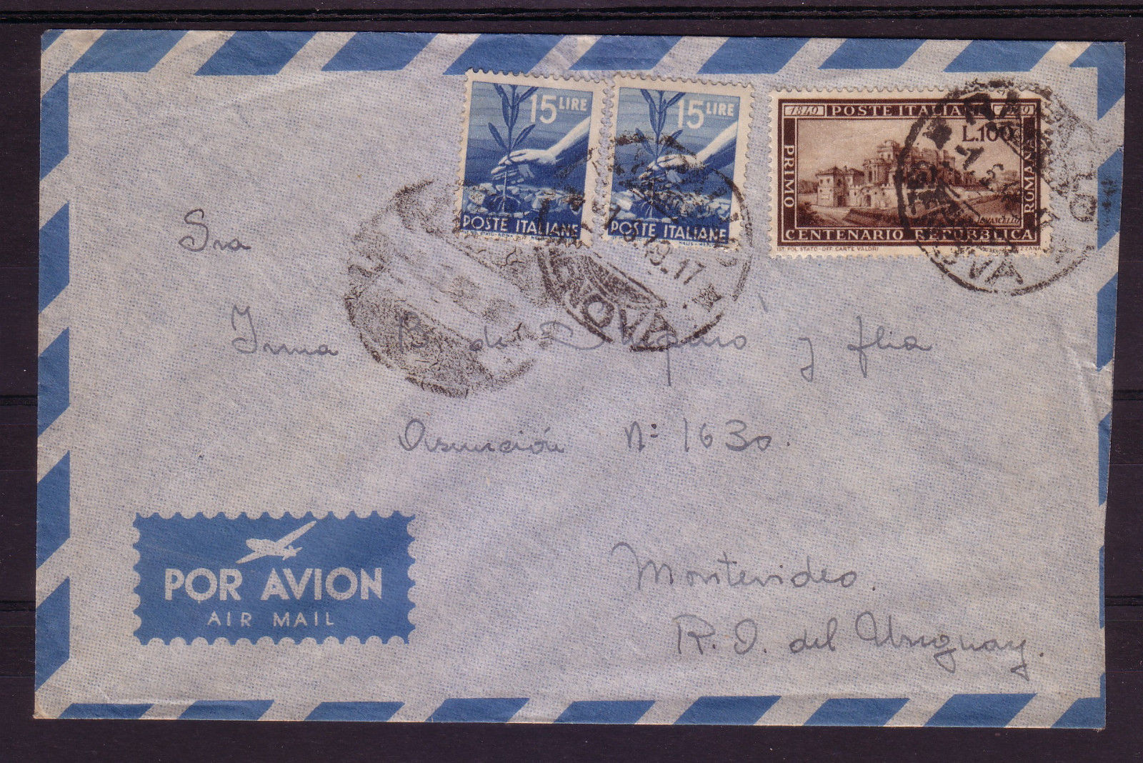 ITALY 1949 100 LIRE VASCELLO ON AIRMAIL COVER TO URUGUAY POSTAGE L 130