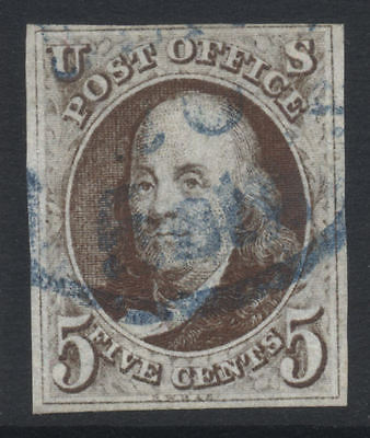 US 1847 Imperf 5c Dark Brown 1a Used Cat val 975