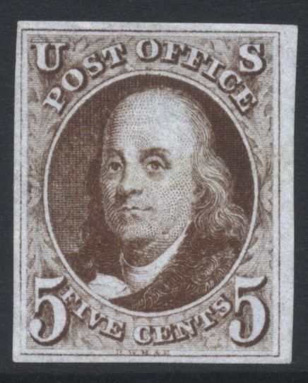 US 1847 Imperf 5c Dark Brown 1a Mint H Cat val 8750