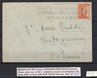 ITALY  OFFICES ABROAD   ALBANIA  TOP RARE COVER  DURAZZO COMANDO BASE NAVALE