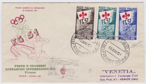 ITALY 1951 Ginnici set 3v tied to FDC Venetia  arrival cancel  RARE G73399