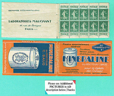 FRANCE Sc 163c 1927 MINERALINE 10c1fr BOOKLET PANE10  BOOKLET COVER