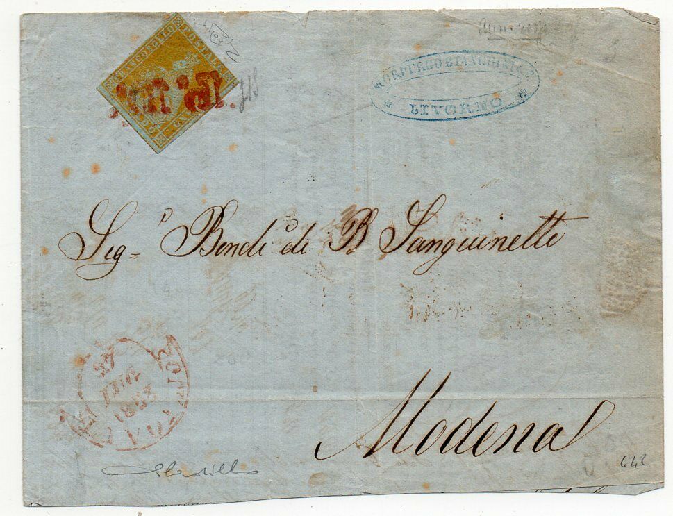 1853 ITALY TUSCANY COVER SA2b 1s GIALLO BISTRO BLUE PAPER 1540000