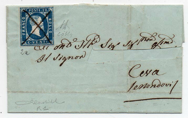 1851 ITALY SARDINIA COVER SA 2a PEN CANCEL TO CEVA 2560000