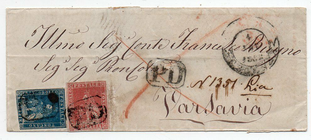 1858 ITALY TUSCANY TO POLAND COVER SA 1215 CV 715000 RARITY 