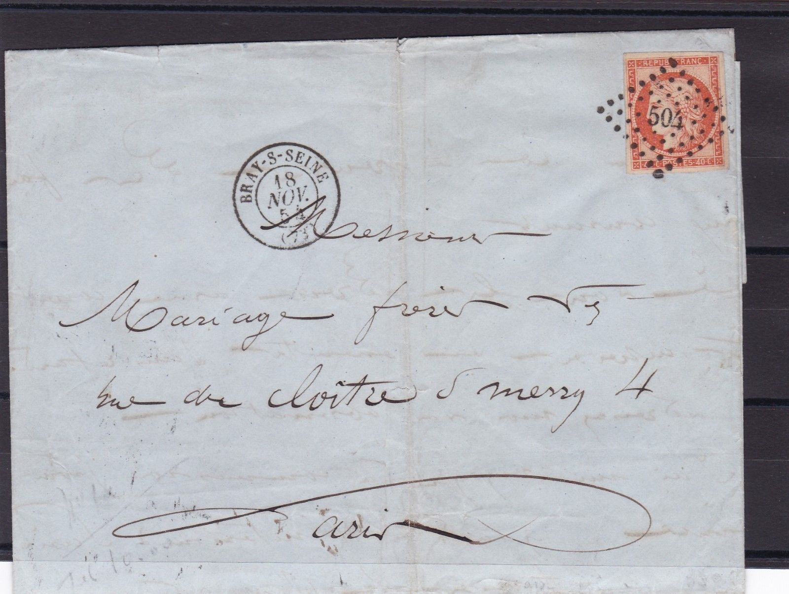 FRANCE lettre avec n 5 obl PC 504 BRAYSEINE le 18111854  propre 