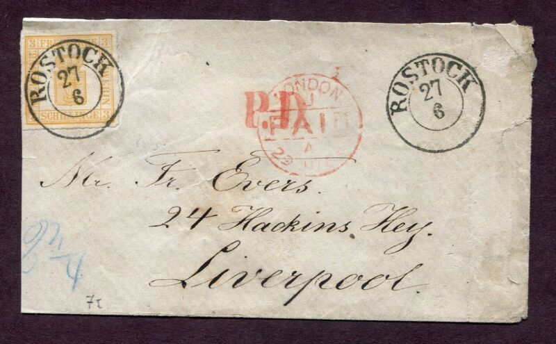 GERMANY MECKLENBERG SCHWERIN 1866 3KR NARROW MARGIN ON COVER ROSTOCK TO UK