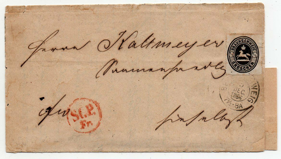 1866 GERMANY BRUNSWICK COVER SC 23 SINGLE FRANKING CV 320000