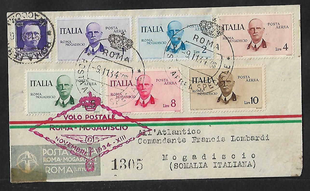 ITALY ROMA TO MOGADISCIO FLIGHT AIR MAIL COVER 1934 SCARCE