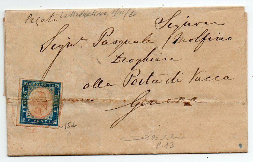 1856 ITALY SARDINIA COVER SA15d LA MADDALENA UNIQUE PMK 1345000