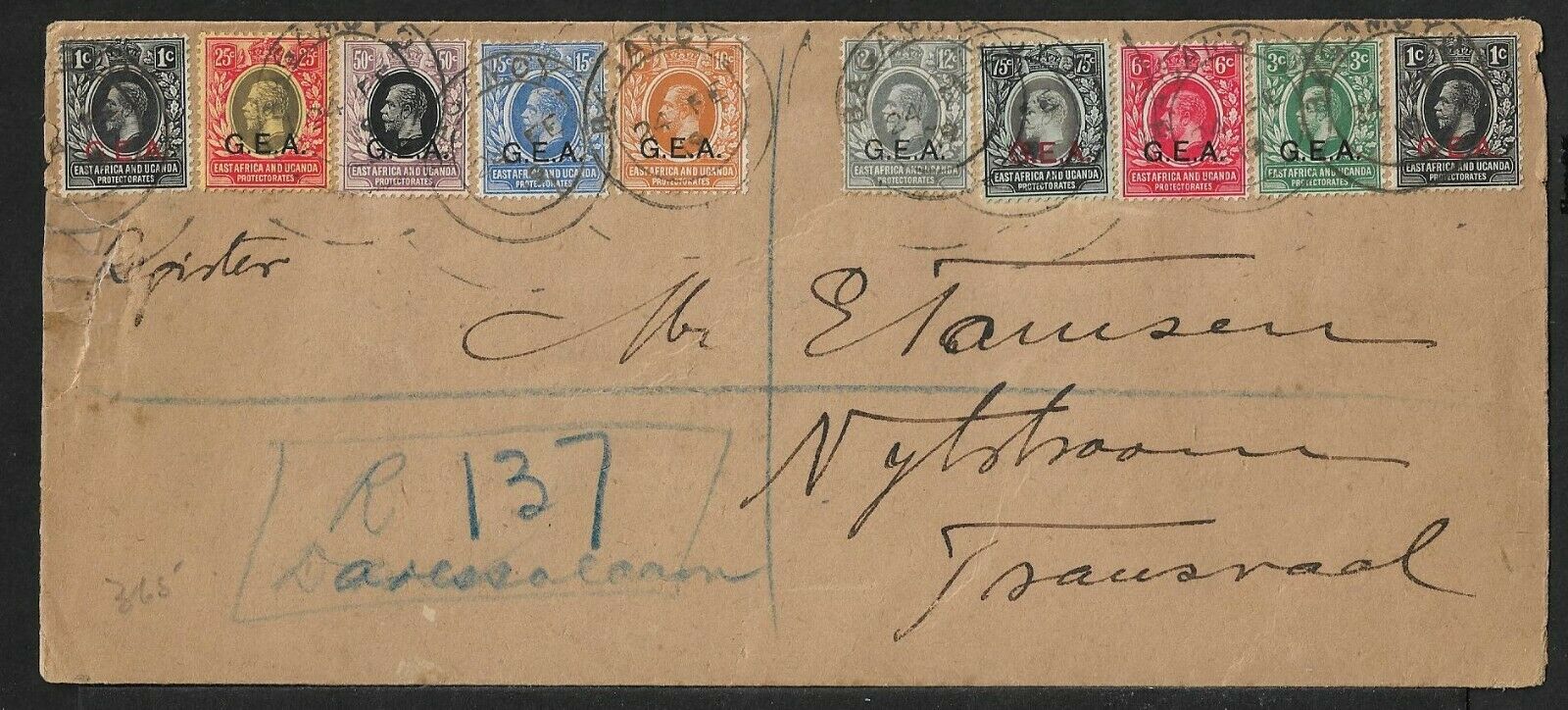 GERMAN EAST AFRICA 10 STAMPS  REG LABEL BY HAND COVER 1919 SCARCE