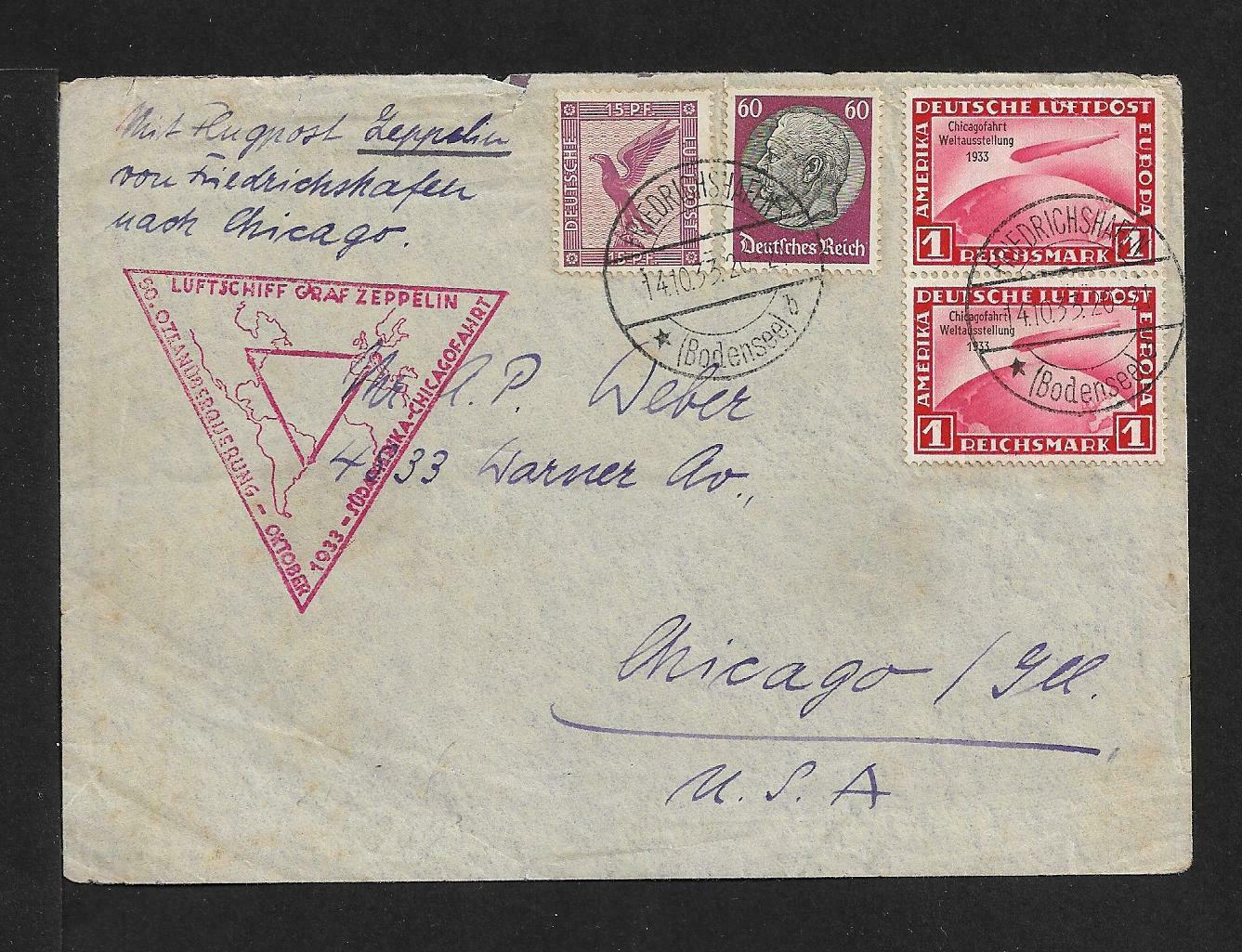 ZEPPELIN GERMANY Chicagofahrt PAIR ON COVER TO USA 1933 FIRST FLIGHT