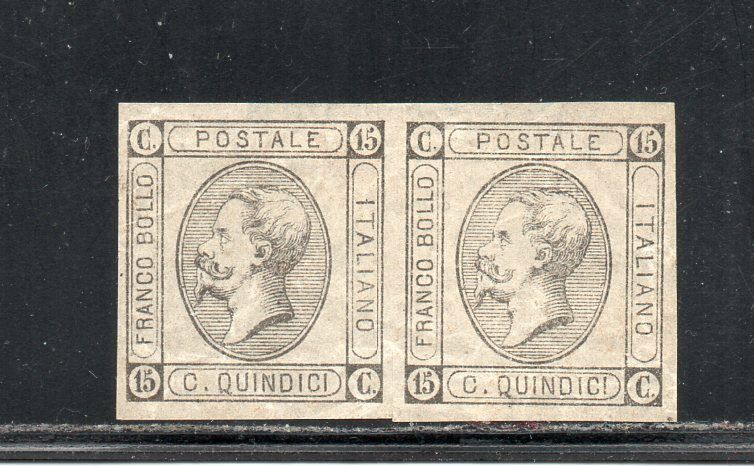 1863 ITALY 15c PROOF IMPERF PAIR IN BLACK COLOR MINT GREAT RARITY 