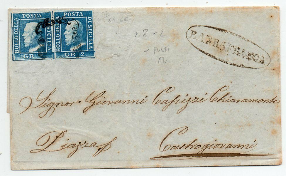 1859 ITALY SICILY COVER SA 8 PAIR BARRAFRANCA CANCEL 1050000