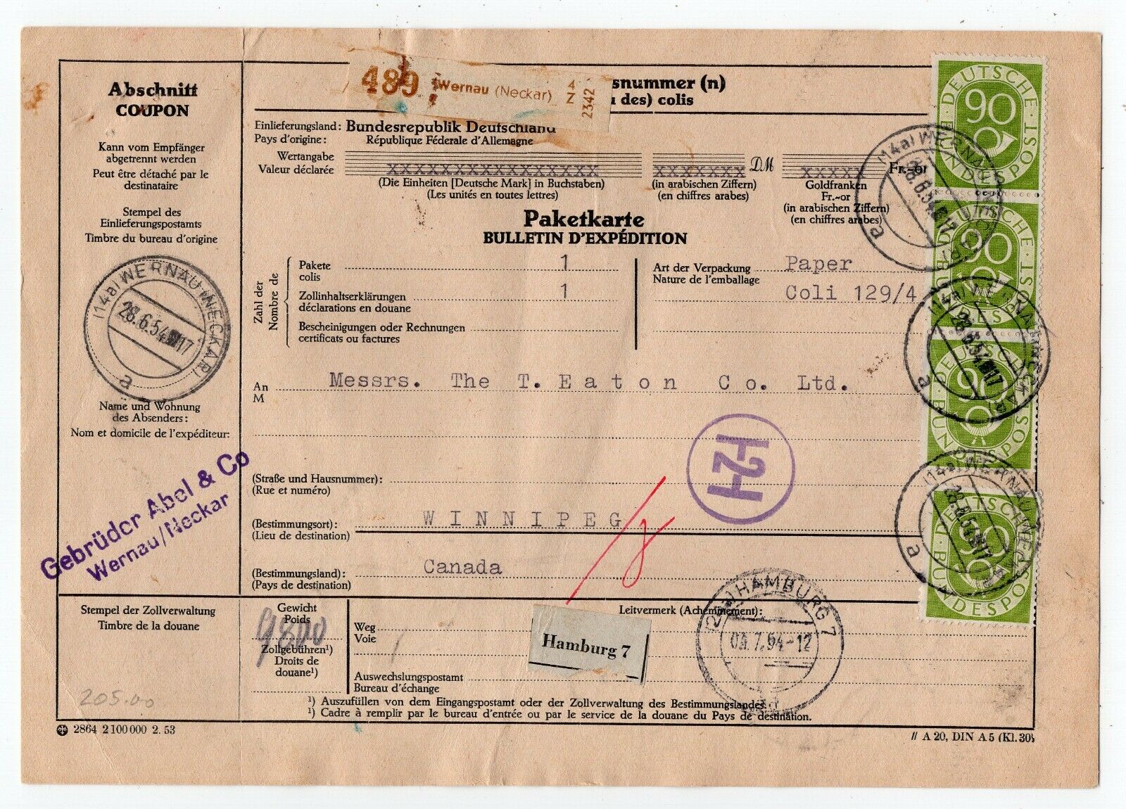 Germany 1954 Bundespost  Attractive Franking Packet  Parcel Card to Canada 3