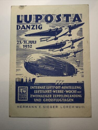 Rare1933 Germany Graf Zeppelin LZ 127 Airmail Postcard Friedrichshafen Danzig