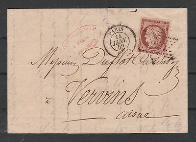 France 1852 Yvert  6 une franc carminbrun on cover Vervins