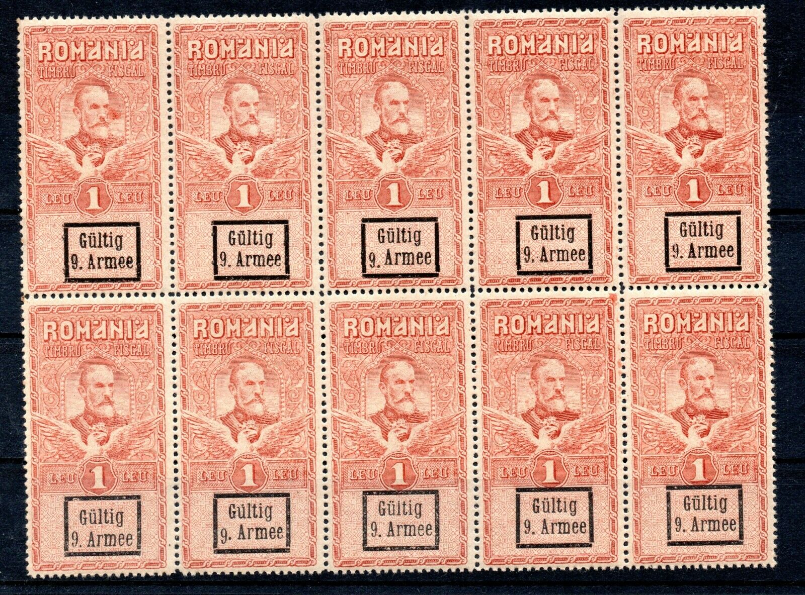 GERMANY  1918  ROMANIA REVENUES  OVERPRINTED 9 ARMY  Bl of TEN  MNH