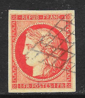 France 1849 1fr orange verm 4 margin imperf vf used grille cancel SG 14