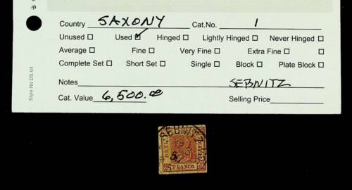 GERMANY STATE SAXONY 3pf SEBNITZ CANCEL STAMP VERY RARE SC 1 CV 6500