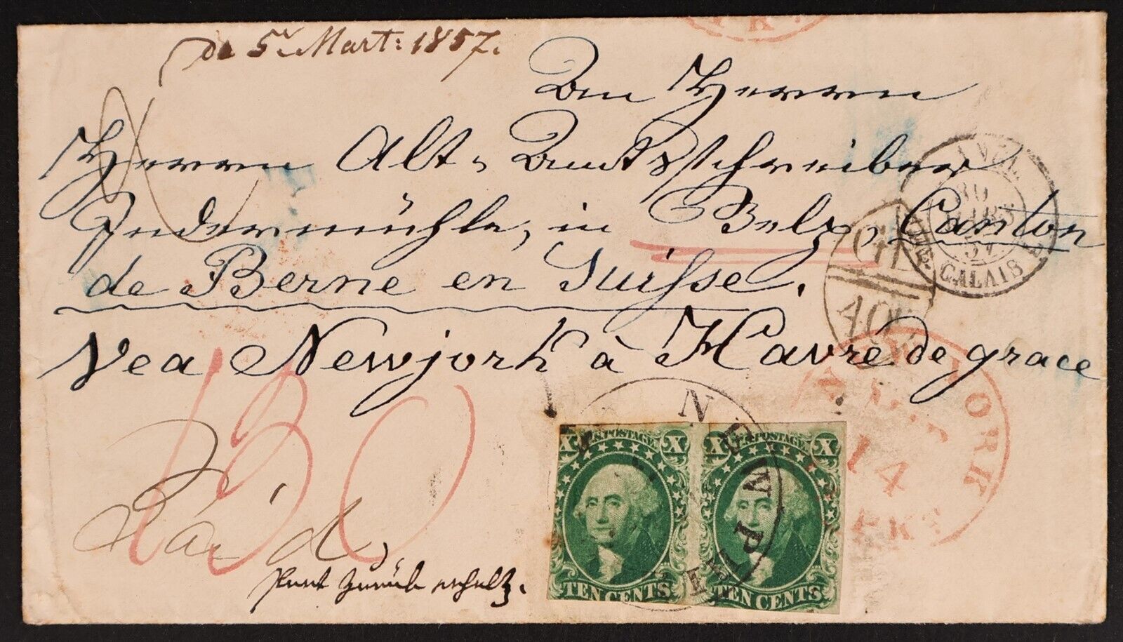 Mayfairstamps US 1857 New York to Paris France 10c Imperf Pair Commercial Cover