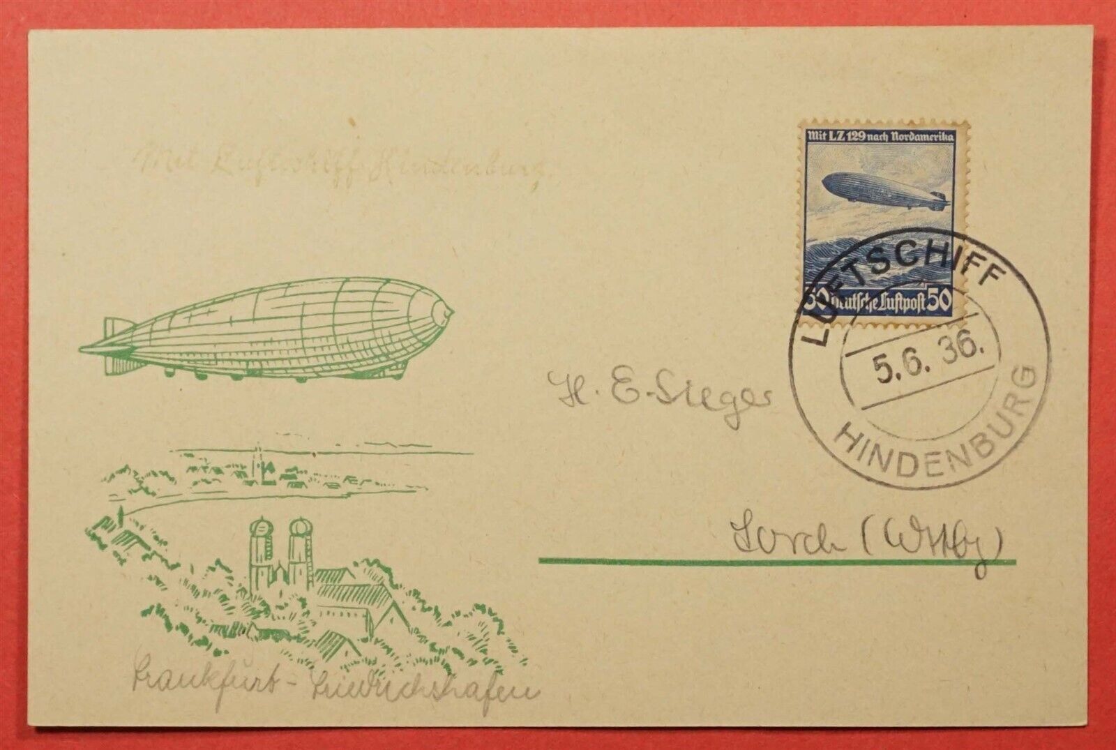 DR WHO 1936 GERMANY HINDENBURG ZEPPELIN FLIGHT POSTCARD 219567