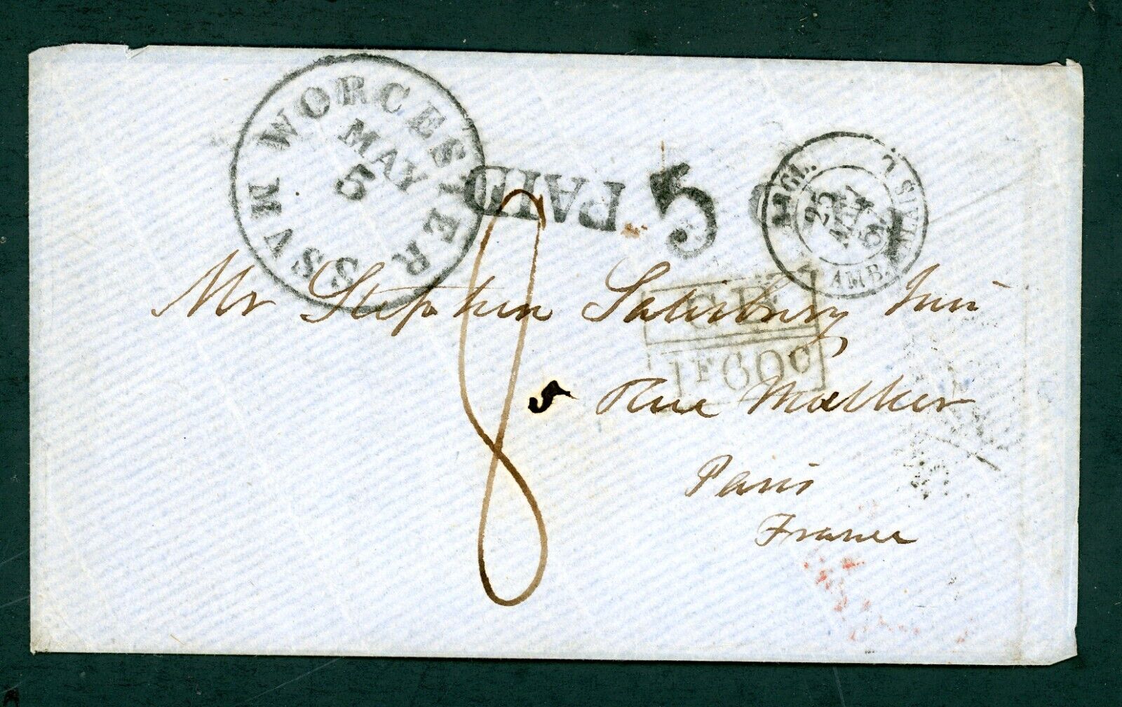 US WORCESTER 551857 ENVELOPE TO PARIS FRANCE AS SHOWN