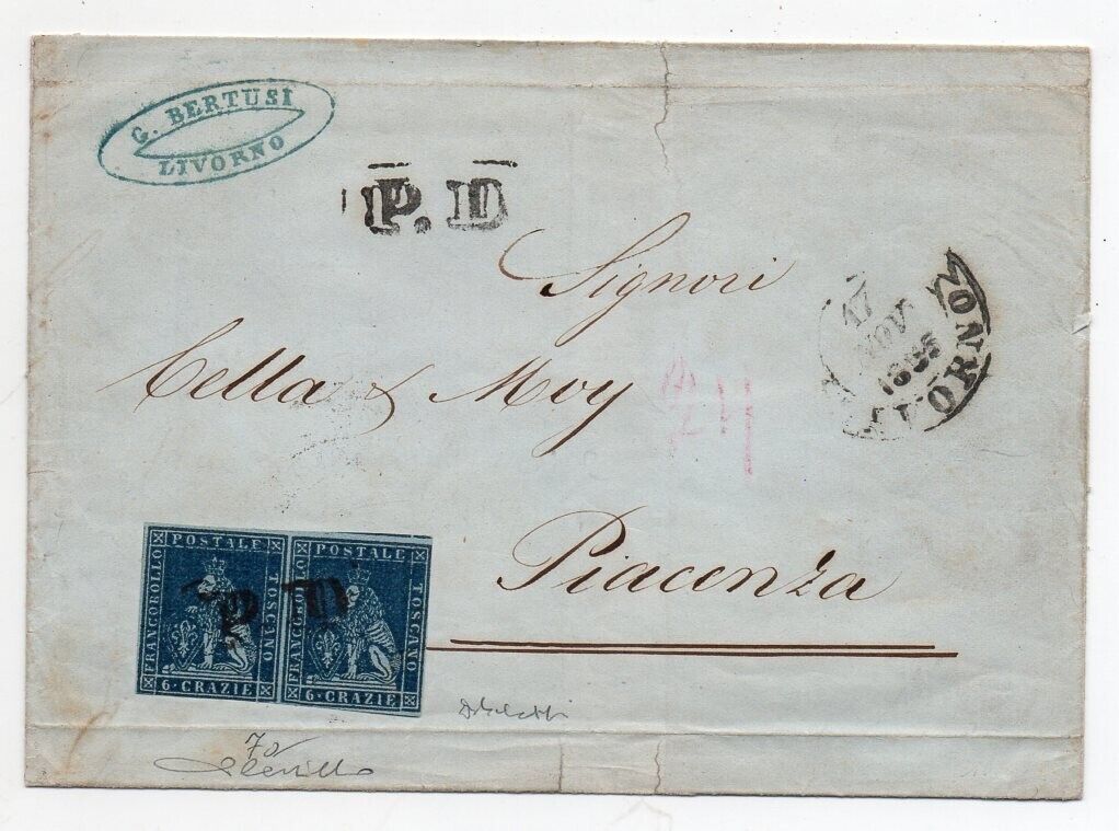 1853 ITALY TUSCANY COVER SA 7a 6cr INDACO BLUE PAPER PAIR 1400000