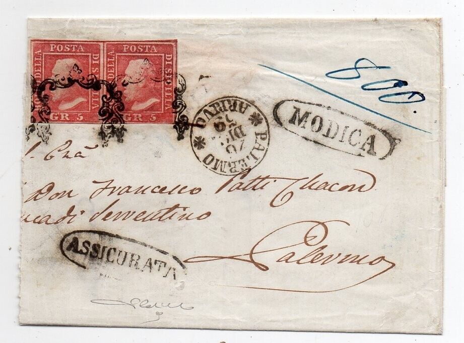 1859 ITALY SICILY COVER SA9 5gr PAIR MODICA RARE CANCEL 2130000 CERTIFICATE