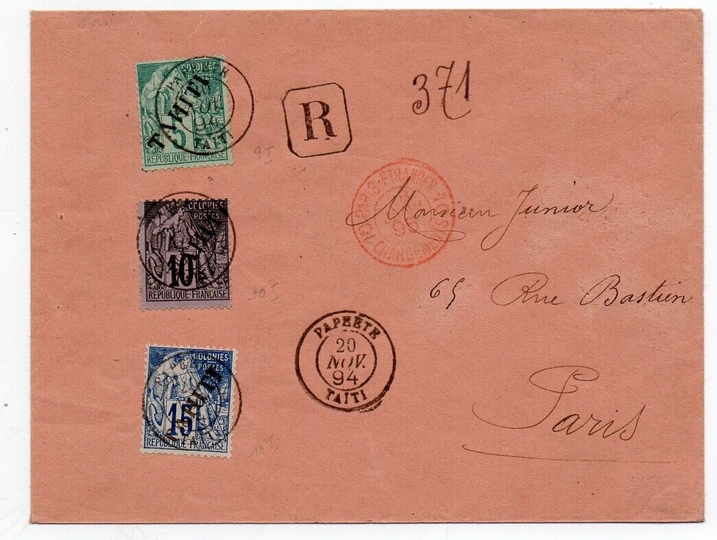 1894 TAHITI FRENCH OCEANIA TO FRANCE REG COVER 3 COLORS FRANKING 240000