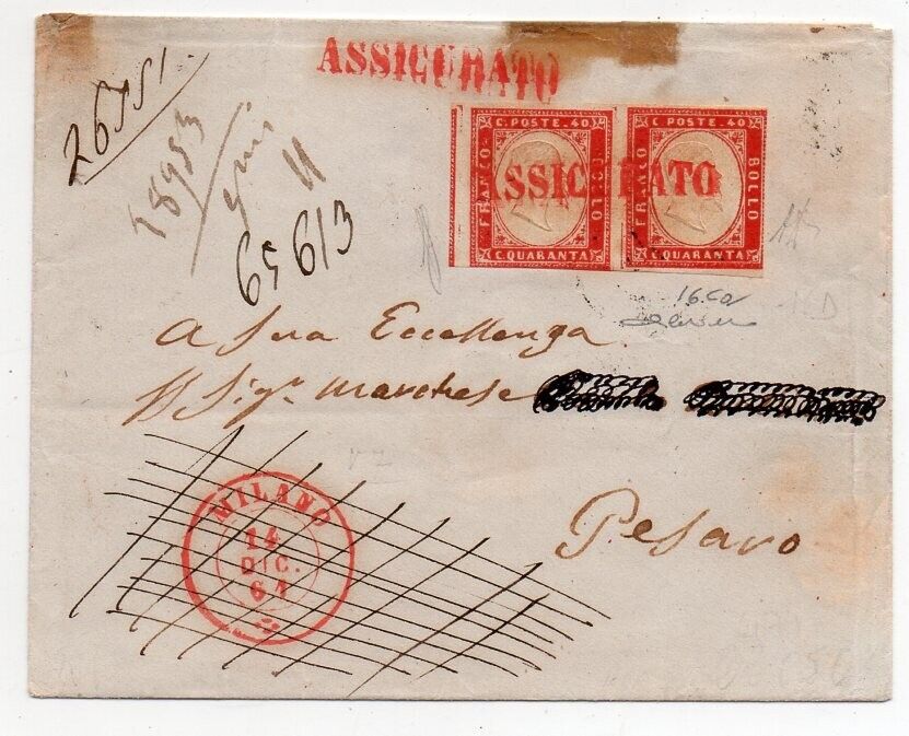 1861 ITALY SARDINIA COVER SA16Ca 40c PAIR ASSICURATO RED CANCEL 2400000