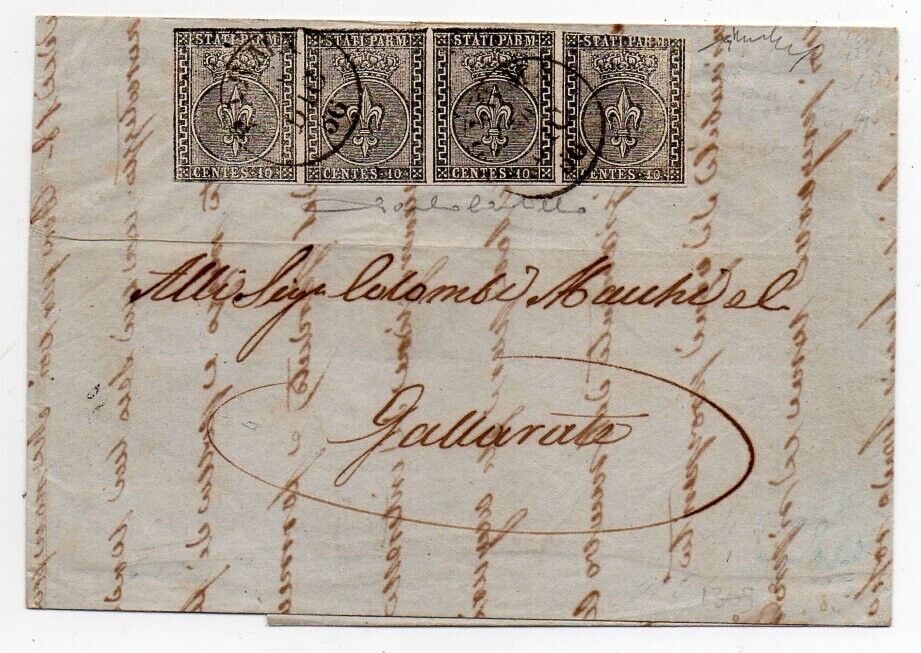 1852 ITALY PARMA COVER SA2 10c INCREDIBLE STRIP OF 4 STAMPS 4400000 WOW
