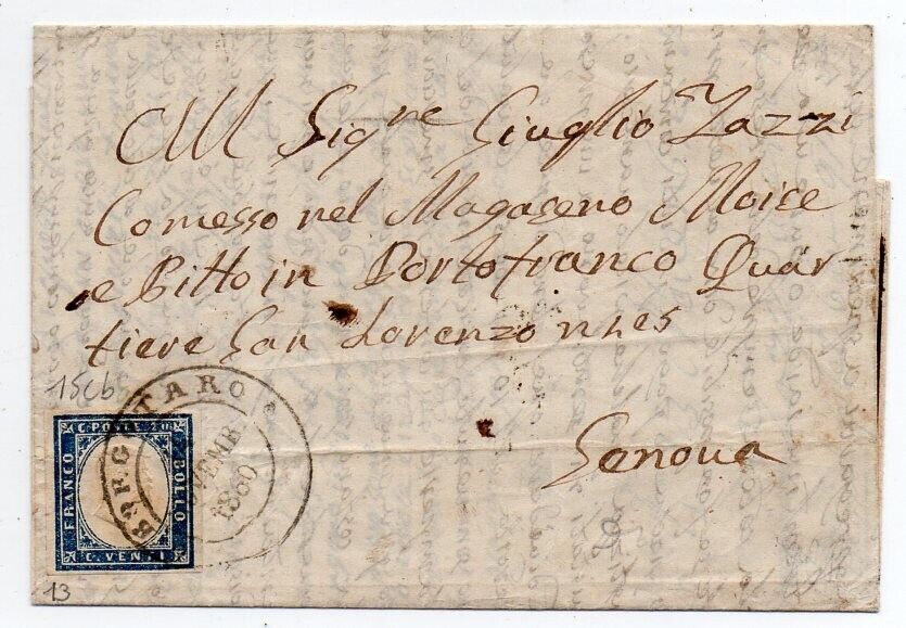 1862 ITALY SARDINIA COVER SA15Cb BORGOTARO RARE PMK 1020000 CERTIFICATE