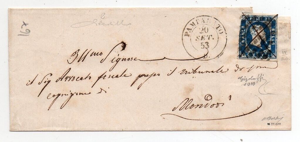 1853 ITALY SARDINIA COVER SA2d PAMPARATO  PEN CANCEL R1 2000000