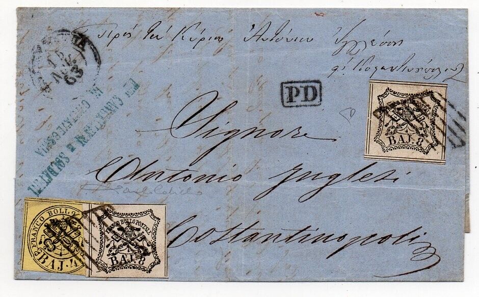 1863 ITALY ROMAN STATES TO TURKEY COVER SA 5Ab9 BICOLOR FRANKING RARITY