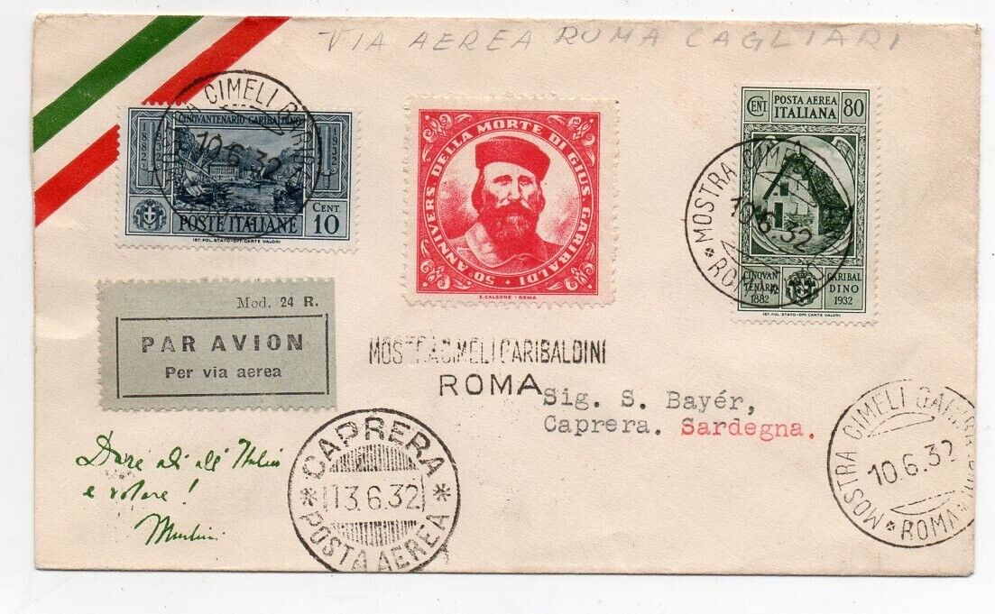 1932 ITALY FIRST FLIGHT COVER CAPRERAROMA CINDERELLA RARE PMKS  STAMPS