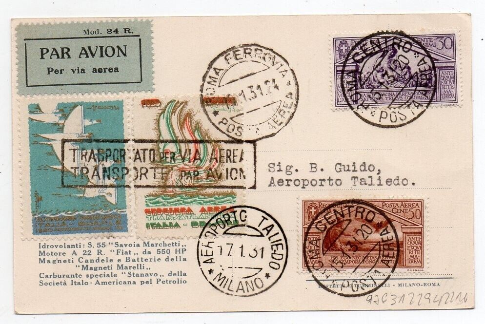 1931 ITALY FIRST FLIGHT COVER ROMAMILANO RARE CINDERELLAS VERY HIGH VALUE