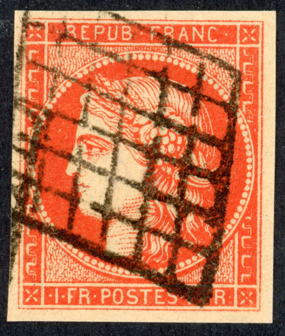 France  SPERATI forgery of 184952 1fr vermilion grid cancel SUPERB