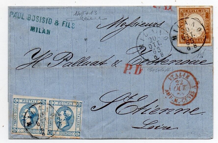 1863 ITALY  SARDINIA MIXED FRANKING COVER TO FRANCE GOOD PMKS HIGH VALUE