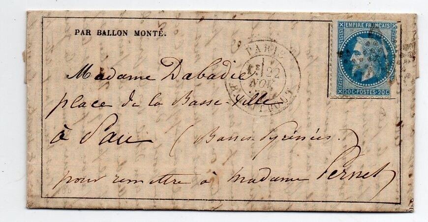 1870 FRANCE BALLON MONTE COVER NEWSPAPER TO PAU NOVEMBER 22 FLIGHT RARITY